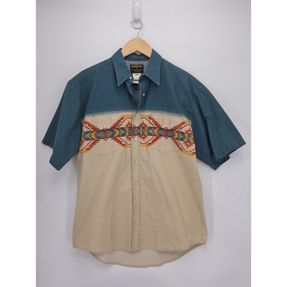 Vintage Rustler Wrangler Mens Pearl Snap Western Shirt Aztec Print Size Large